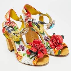 Pre Owned Dolce & Gabbana Crystal Embellished Size 37 Multicolor Floral Fabric and Raffia Ankle Strap Sandals