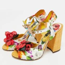 Pre Owned Dolce & Gabbana Crystal Embellished Size 37 Multicolor Floral Fabric and Raffia Ankle Strap Sandals