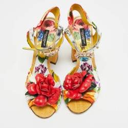 Pre Owned Dolce & Gabbana Crystal Embellished Size 37 Multicolor Floral Fabric and Raffia Ankle Strap Sandals