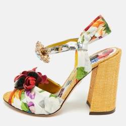 Pre Owned Dolce & Gabbana Crystal Embellished Size 37 Multicolor Floral Fabric and Raffia Ankle Strap Sandals