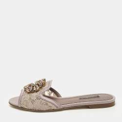 Pre Owned Dolce & Gabbana Sofia Size 36 Purple Lace and Satin  Crystal Embellished Flat Slide 