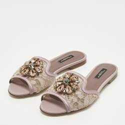 Pre Owned Dolce & Gabbana Sofia Size 36 Purple Lace and Satin  Crystal Embellished Flat Slide 