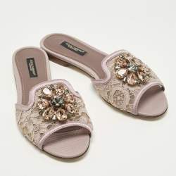 Pre Owned Dolce & Gabbana Sofia Size 36 Purple Lace and Satin  Crystal Embellished Flat Slide 