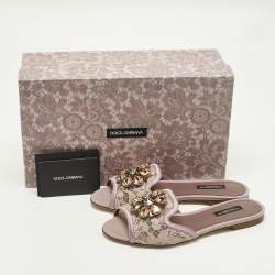 Pre Owned Dolce & Gabbana Sofia Size 36 Purple Lace and Satin  Crystal Embellished Flat Slide 