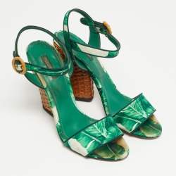 Pre Owned Dolce & Gabbana Size 40 Green Satin and Raffia Ankle Strap Sandals Sandals