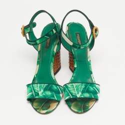 Pre Owned Dolce & Gabbana Size 40 Green Satin and Raffia Ankle Strap Sandals Sandals