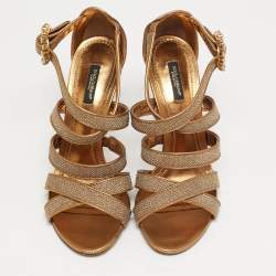 Pre Owned Dolce & Gabbana Size 40 Gold Metallic Lurex Fabric Ankle Strap Sandals