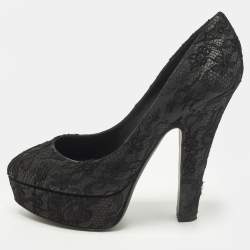 Pre Owned Dolce & Gabbana Size 38.5 Black Mesh and Satin Platform Pumps