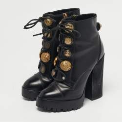 Pre Owned Dolce & Gabbana Size 36 Black Leather Button Embellished Combat Ankle Boots