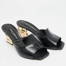 Pre Owned Dolce & Gabbana Keira Size 39 Black Lizard Embossed Leather Slide Sandals