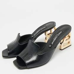 Pre Owned Dolce & Gabbana Keira Size 39 Black Lizard Embossed Leather Slide Sandals