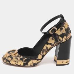 مملوكة مسبقًا Dolce & Gabbana DG Logo Size 36.5 Gold/Black Brocade Fabric and Patent Leather Pumps