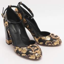 مملوكة مسبقًا Dolce & Gabbana DG Logo Size 36.5 Gold/Black Brocade Fabric and Patent Leather Pumps