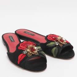 مملوكة مسبقًا Dolce & Gabbana Size 37.5 Black Satin Floral Embroidered Flats
