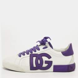 Pre Owned Dolce & Gabbana Portofino Size 38 White/Purple Leather Lace Up Sneakers