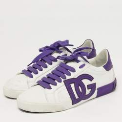 Pre Owned Dolce & Gabbana Portofino Size 38 White/Purple Leather Lace Up Sneakers