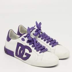 Pre Owned Dolce & Gabbana Portofino Size 38 White/Purple Leather Lace Up Sneakers
