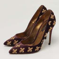 Pre Owned Dolce & Gabbana Lily Size 40 Burgundy Velvet Embroidered Pointed Toe Pumps