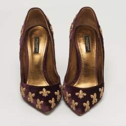 Pre Owned Dolce & Gabbana Lily Size 40 Burgundy Velvet Embroidered Pointed Toe Pumps