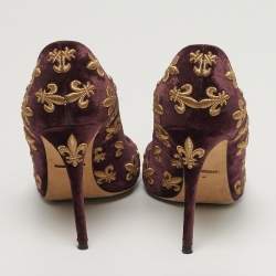 Pre Owned Dolce & Gabbana Lily Size 40 Burgundy Velvet Embroidered Pointed Toe Pumps