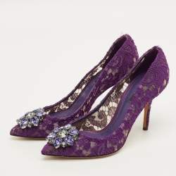 Pre Owned حذاء كعب عالي دولتشي أند غابانا مقدمة مدببة مزخرف كريستال بلوتشي دانتيل أرجواني مقاس 39.5