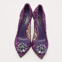 Pre Owned حذاء كعب عالي دولتشي أند غابانا مقدمة مدببة مزخرف كريستال بلوتشي دانتيل أرجواني مقاس 39.5