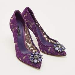 Pre Owned حذاء كعب عالي دولتشي أند غابانا مقدمة مدببة مزخرف كريستال بلوتشي دانتيل أرجواني مقاس 39.5