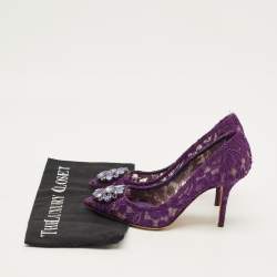 Pre Owned حذاء كعب عالي دولتشي أند غابانا مقدمة مدببة مزخرف كريستال بلوتشي دانتيل أرجواني مقاس 39.5