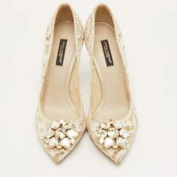 Pre Owned حذاء كعب عالي دولتشي أند غابانا بيلوتشي دانتيل أبيض عاجي مزخرف كريستال مقدمة مدببة مقاس 37