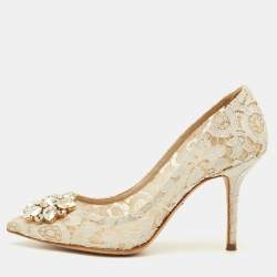 مملوكة مسبقًا Dolce & Gabbana Bellucci Size 37 Off White Lace Crystal Embellished Pointed Toe Pumps
