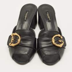 Pre Owned Dolce & Gabbana Baroque Size 37 Black Leather Slide Sandals