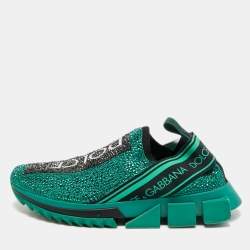 Pre Owned Dolce & Gabbana Sorrento Size 39.5 Green Knit Fabric Crystal Embellished Slip On Sneakers