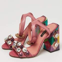 مملوكة مسبقًا Dolce & Gabbana Size 35 Pink Lizard Embossed Leather Ankle Strap Sandals