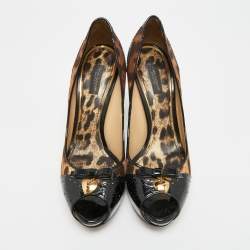 Pre Owned حذاء كعب عالي دولتشي أند غابانا قماشي وطباعة النمر بني/أسود مقدمة مفتوحة جلد براءات اختراع مقاس 39