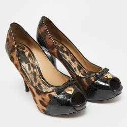 Pre Owned حذاء كعب عالي دولتشي أند غابانا قماشي وطباعة النمر بني/أسود مقدمة مفتوحة جلد براءات اختراع مقاس 39