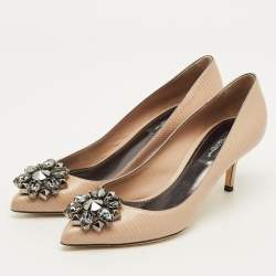 Pre Owned Dolce & Gabbana Bellucci Size 37 Beige Lizard Embossed Leather Pumps