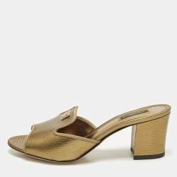 Pre Owned Dolce & Gabbana Size 41 Gold Lizard Embossed Leather Slide Sandals