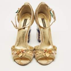Pre Owned Dolce & Gabbana Size 39 Gold Velvet Pearls and Flower Embellished Ankle Strap Sandals