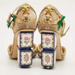 Pre Owned Dolce & Gabbana Size 39 Gold Velvet Pearls and Flower Embellished Ankle Strap Sandals