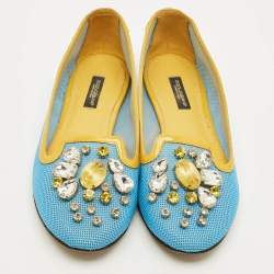 Pre Owned حذاء باليرينا فلات دولتشي أند غابانا مزخرف كريستال حواف جلد لامع و جلد مجدول أزرق و أصفر مقاس 37