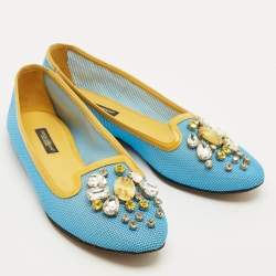 Pre Owned حذاء باليرينا فلات دولتشي أند غابانا مزخرف كريستال حواف جلد لامع و جلد مجدول أزرق و أصفر مقاس 37