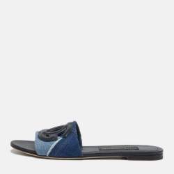مملوكة مسبقًا Dolce & Gabbana DG Logo Size 39 Two Tone Denim and Leather Flat Slide
