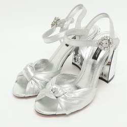 Pre Owned Dolce & Gabbana Size 37 Silver Foil Leather Mirror Heel Ankle Strap Sandals