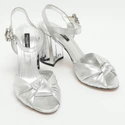 Pre Owned Dolce & Gabbana Size 37 Silver Foil Leather Mirror Heel Ankle Strap Sandals