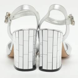 Pre Owned Dolce & Gabbana Size 37 Silver Foil Leather Mirror Heel Ankle Strap Sandals