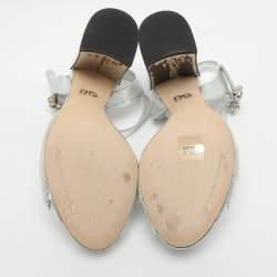 Pre Owned Dolce & Gabbana Size 37 Silver Foil Leather Mirror Heel Ankle Strap Sandals