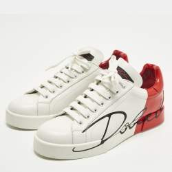 Pre Owned Dolce & Gabbana Portofino Size 38 White/Red Leather Low Top Sneakers