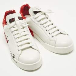 Pre Owned Dolce & Gabbana Portofino Size 38 White/Red Leather Low Top Sneakers
