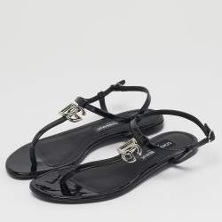 Pre Owned Dolce & Gabbana DG Logo Size 39.5 Black Patent Leather Thong Flats