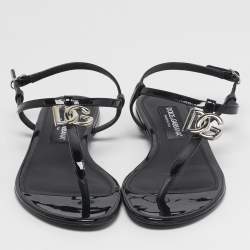 Pre Owned Dolce & Gabbana DG Logo Size 39.5 Black Patent Leather Thong Flats
